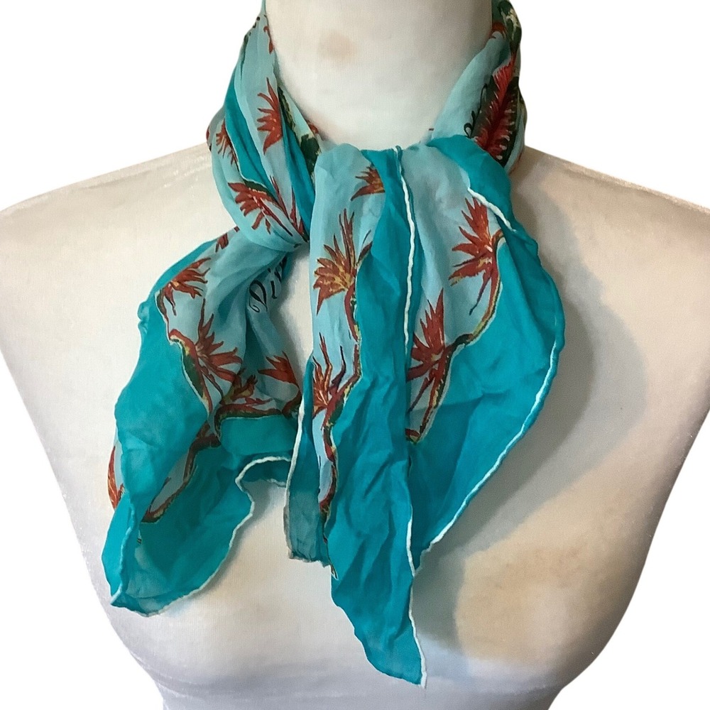 Vintage Hawaiian Botanical Floral Print Square Scarf Aqua Blue Turquoise 30"x30"